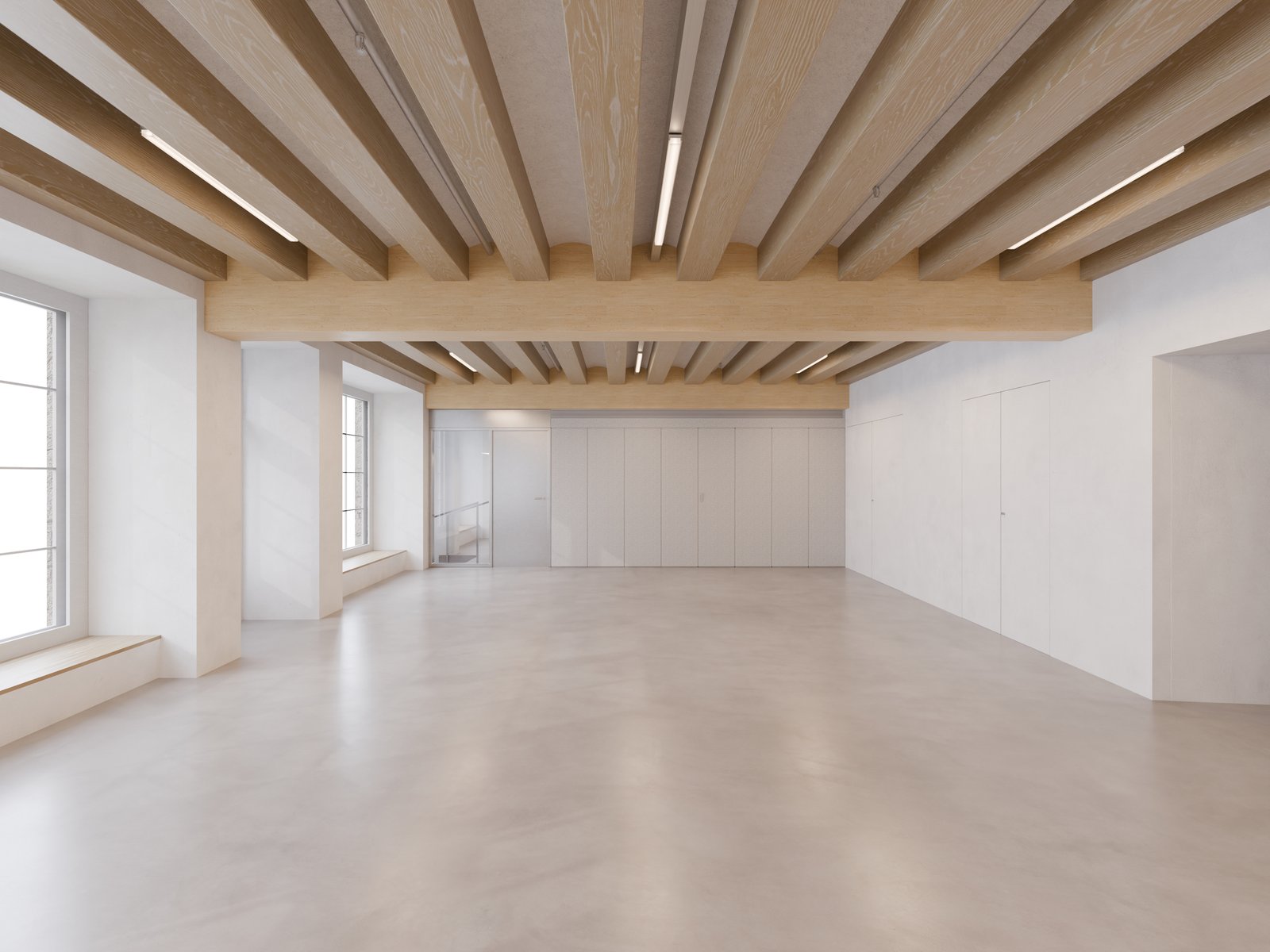Rendering of an empty interior hall with pale wood ceiling beams and linear lights, a smooth concrete floor, deep window seats and closed built-in felt panels.