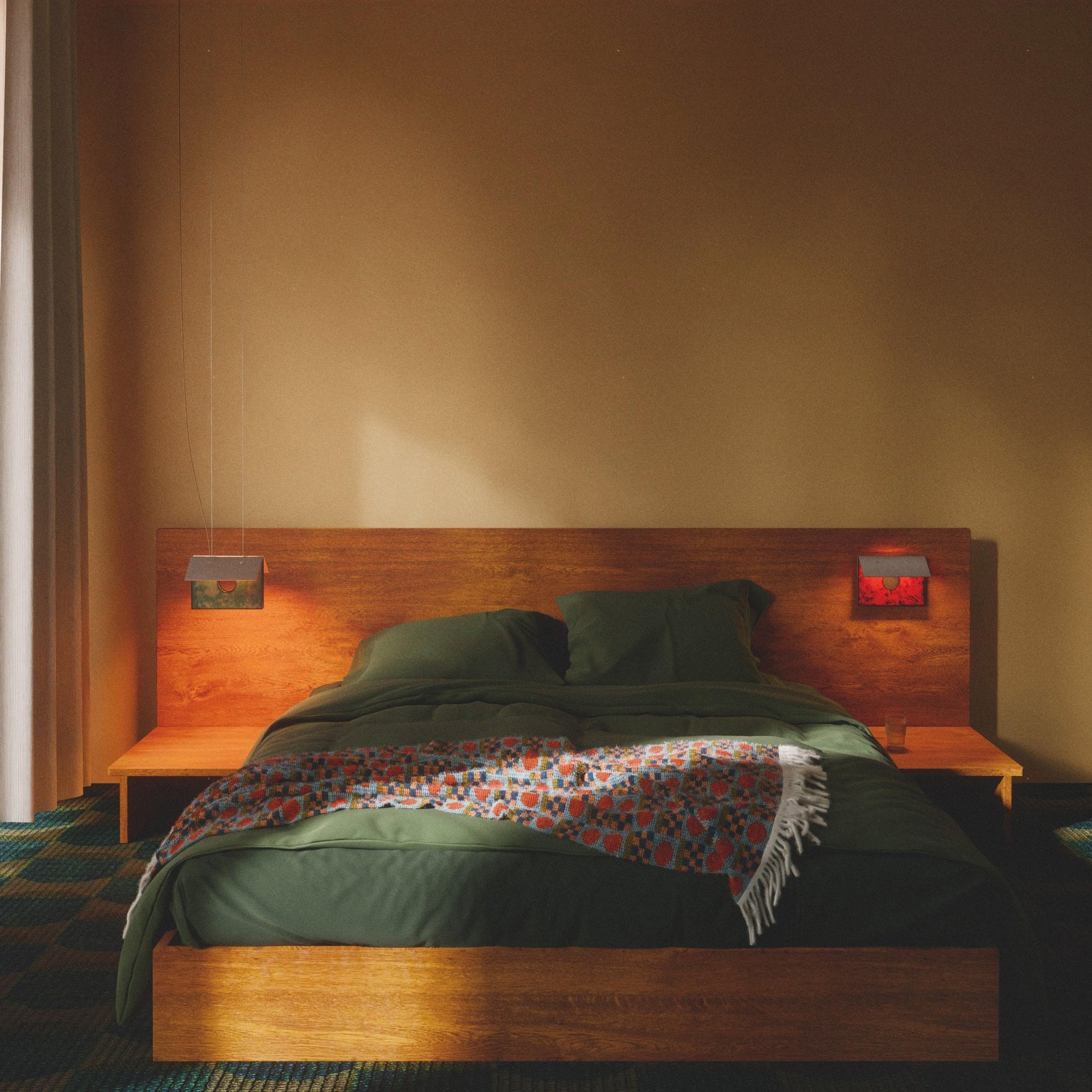 Lambert & Fils Bolda suspension lamp and wall lamp over bed, moody lighting.