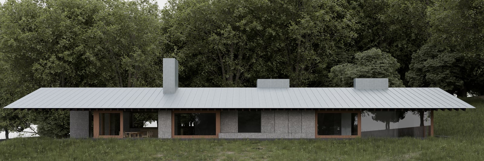 Rendering of a long single-storey house with a low standing-seam metal roof and chimneys, stone walls and wood-framed windows, on a grassy slope before dense trees.