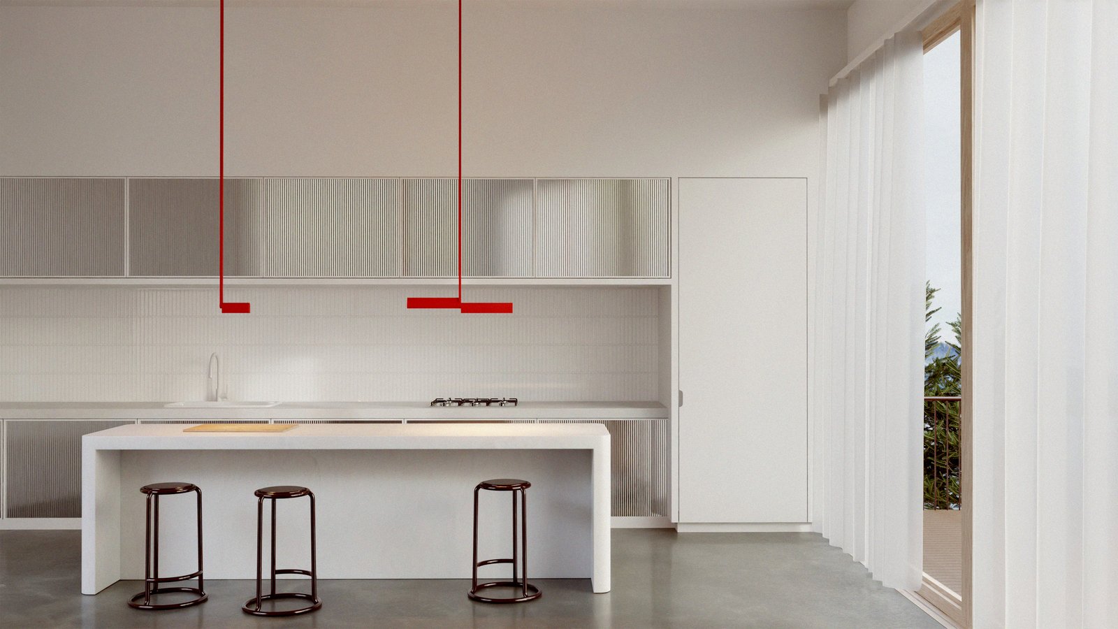 3D render of a Lambert & Fils Ipoli suspension lamp over a kitchen island in a modern kitchen setting