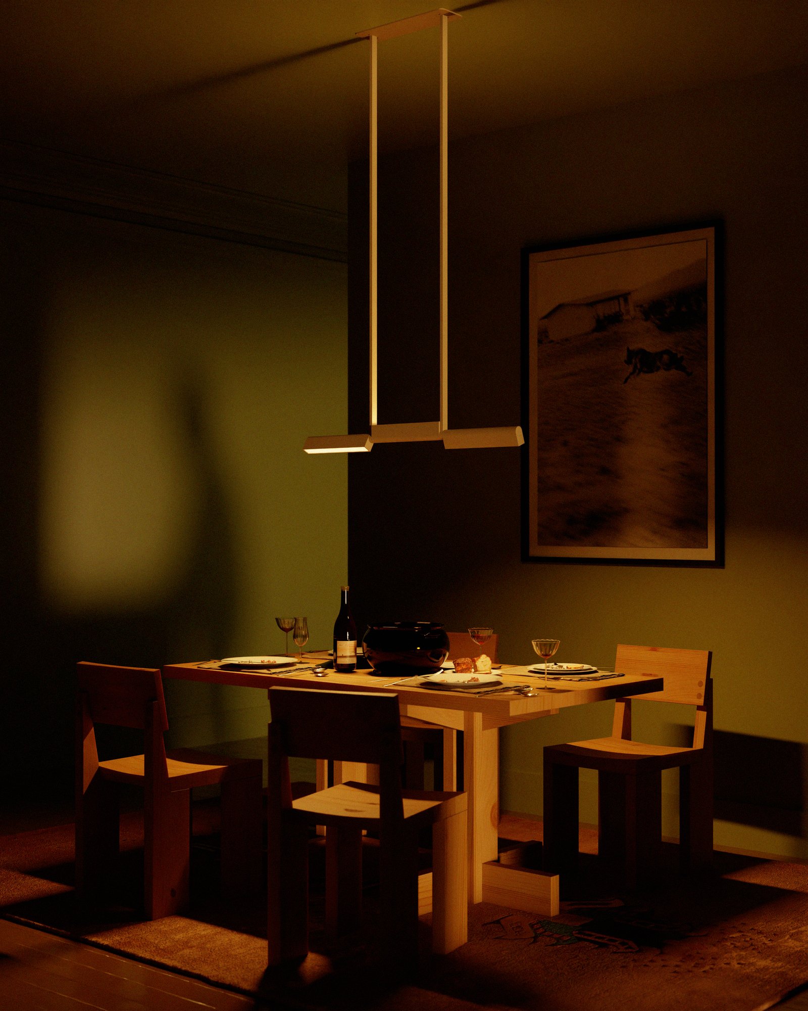 3D render of a Lambert & Fils Ipoli suspension lamp over a well furnished dinner table, cozy mood