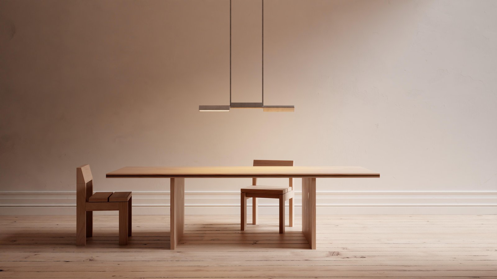 3D render of a Lambert & Fils Ipoli suspension lamp over a Vaarni wooden table and chairs