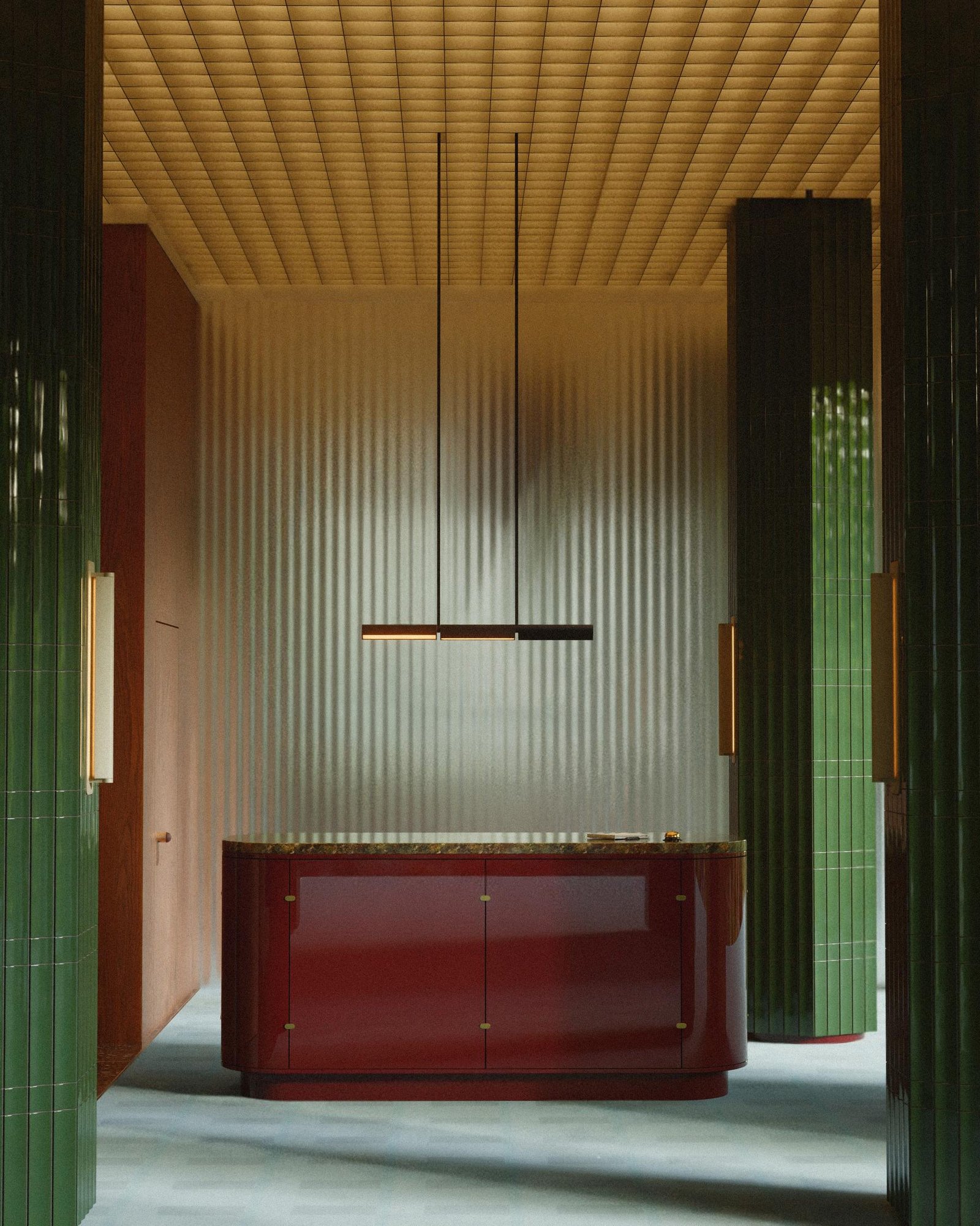 3D render of a Lambert & Fils Ipoli suspension lamp in a vintage hotel lobby