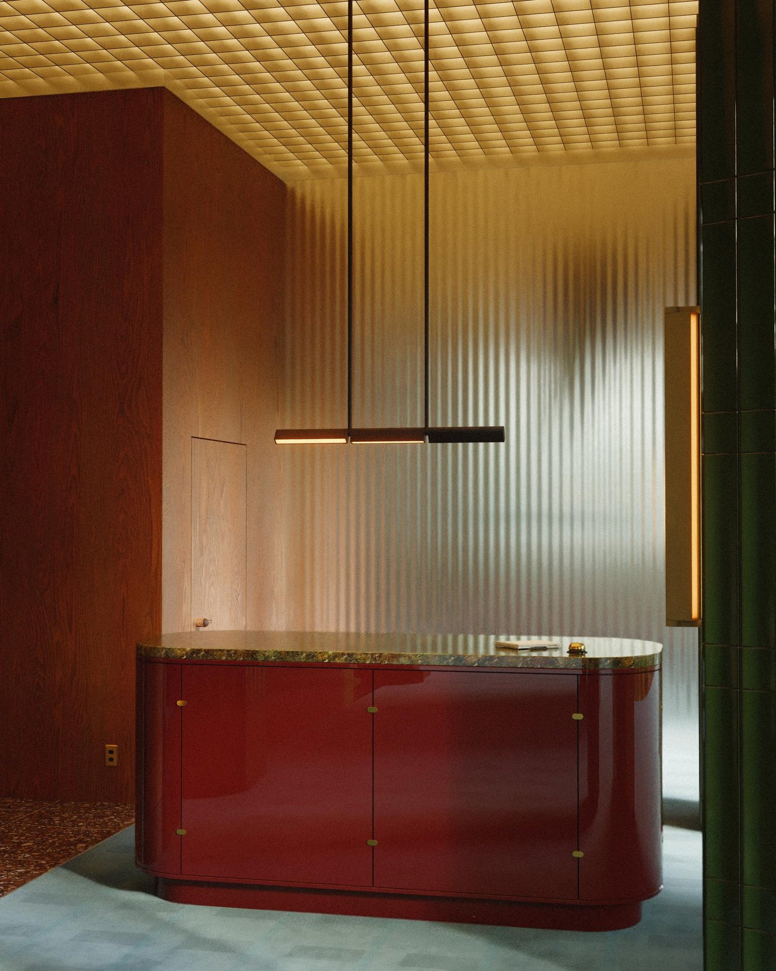 3D render of a Lambert & Fils Ipoli suspension lamp in a vintage hotel lobby