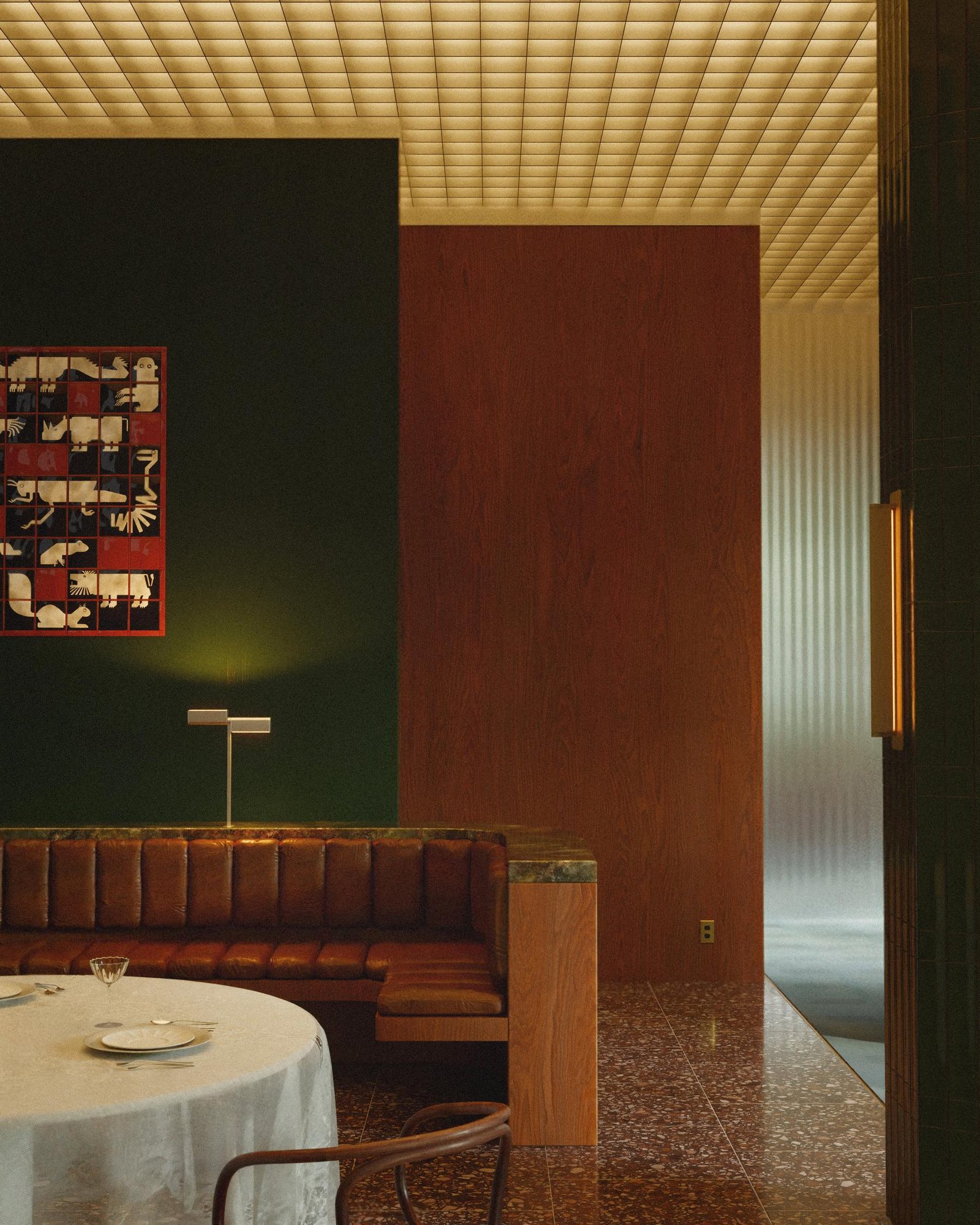 3D render of a Lambert & Fils Ipoli table lamp in a vintage hotel lobby