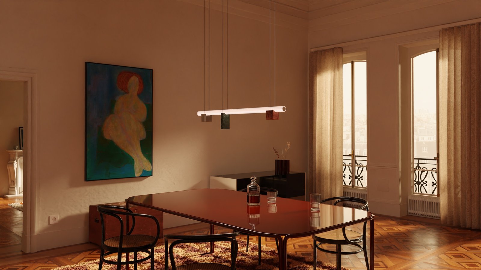 Lambert & Fils isle suspension lamp in a parisian appartment setting, golden hour