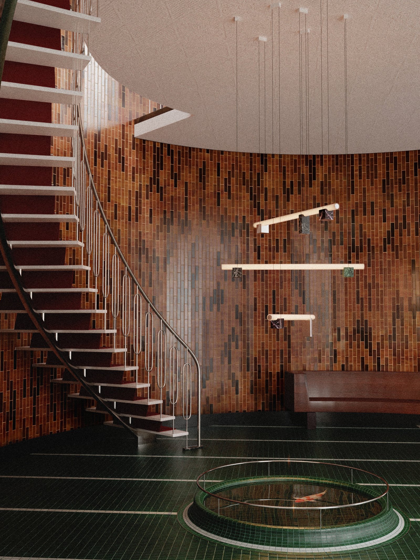 Lambert & Fils isle suspension lamp in a vintage italian lobby setting